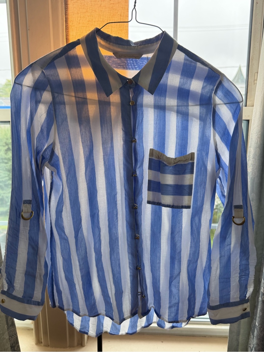 Soft Surroundings Light Blue and White Vertical Stripe Button-Down Shirt